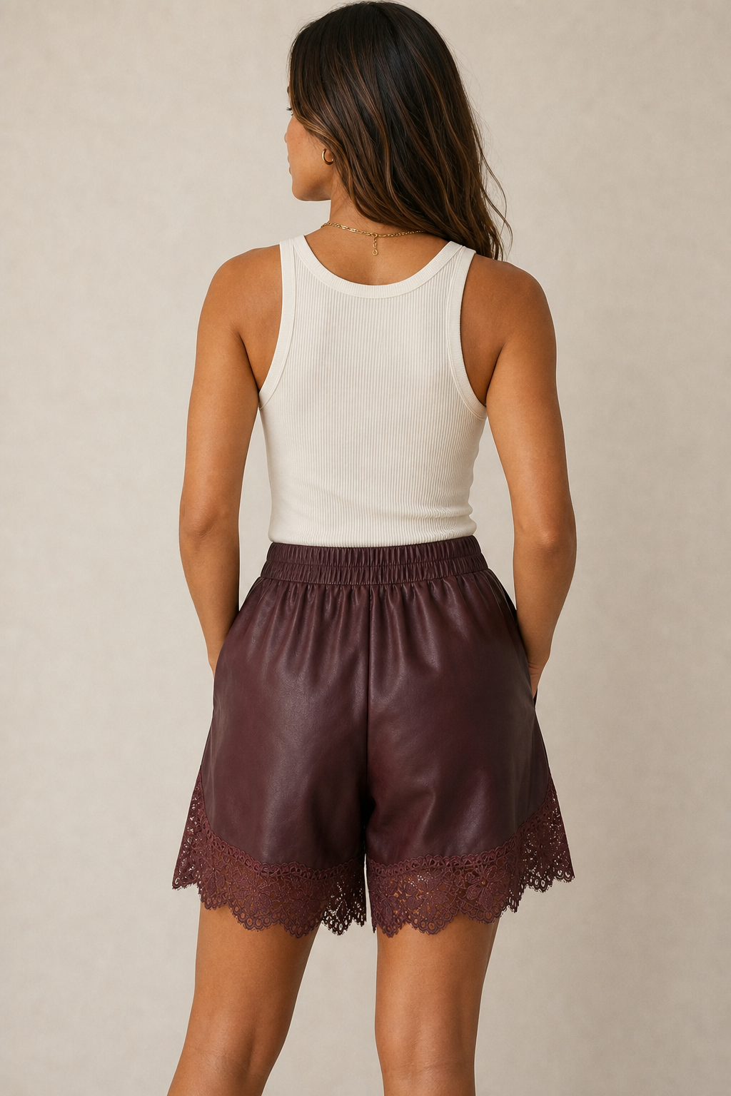 Lace Trim Faux Leather Shorts
