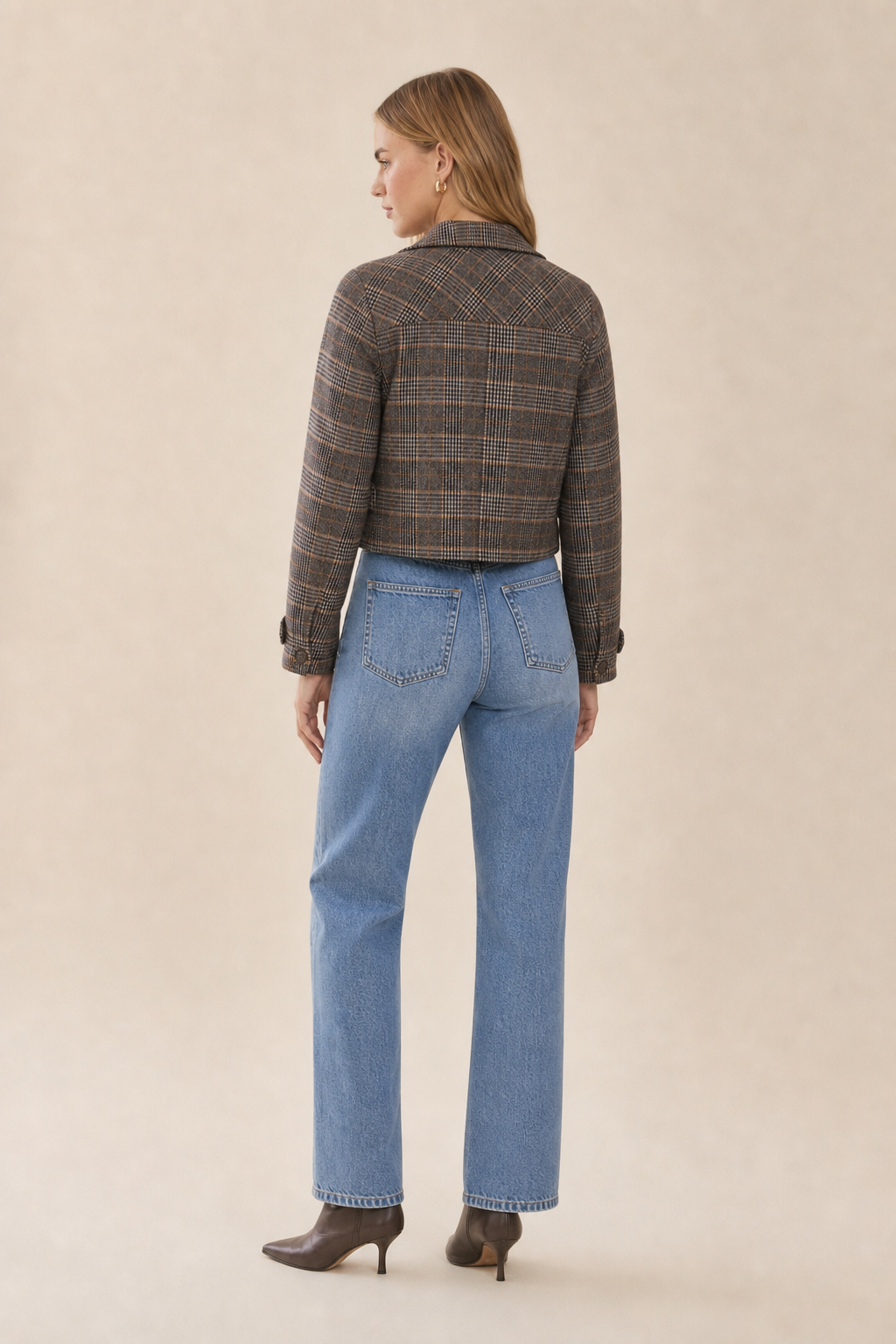Cropped Plaid Jacket  Brown
