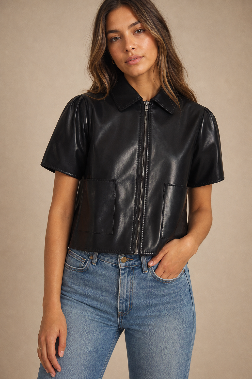 Short Sleeve Faux Leather Jacket