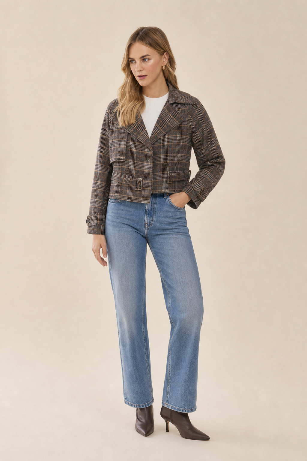 Cropped Plaid Jacket  Brown