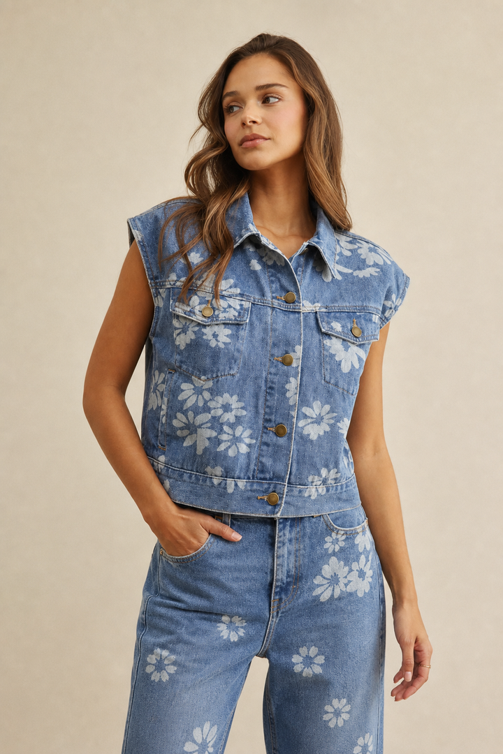 Denim Floral Vest Denim